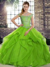 Hot Sale Tulle Off The Shoulder Sleeveless Brush Train Lace Up Beading and Ruffles Sweet 16 Dress in Green