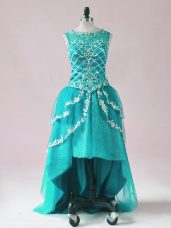Fashion Sleeveless High Low Beading and Appliques Zipper Pageant Dress Toddler with Teal