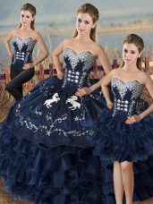 Embroidery and Ruffles 15th Birthday Dress Navy Blue Lace Up Sleeveless High Low