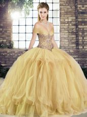 Custom Made Gold Sleeveless Beading and Ruffles Floor Length Sweet 16 Dresses