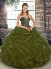 Suitable Floor Length Olive Green Sweet 16 Dress Tulle Sleeveless Beading and Ruffles