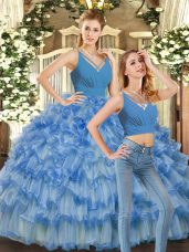 Floor Length Blue Sweet 16 Dress Organza Sleeveless Ruffles