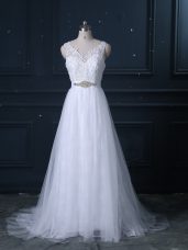 Spectacular White Empire V-neck Sleeveless Lace Brush Train Backless Beading and Lace Wedding Dresses