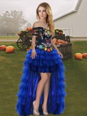 Eye-catching Royal Blue Organza Lace Up Prom Dress Sleeveless High Low Embroidery and Ruffled Layers