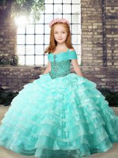 Fancy Organza Straps Sleeveless Brush Train Lace Up Ruffled Layers Pageant Gowns in Apple Green