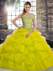 Simple Beading and Pick Ups Quinceanera Dress Yellow Green Lace Up Sleeveless Brush Train