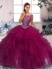 Fuchsia Ball Gowns Beading and Ruffles Vestidos de Quinceanera Zipper Organza Sleeveless Floor Length