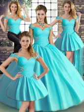 Glittering Floor Length Ball Gowns Sleeveless Aqua Blue Quince Ball Gowns Lace Up