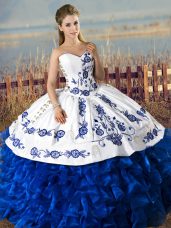 Nice Blue And White Sweet 16 Dresses Sweet 16 and Quinceanera with Embroidery and Ruffles Sweetheart Sleeveless Lace Up