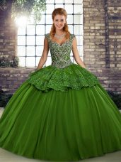 Great Green Tulle Lace Up Quinceanera Gown Sleeveless Floor Length Beading and Appliques