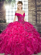Hot Pink Off The Shoulder Lace Up Beading and Ruffles 15 Quinceanera Dress Sleeveless