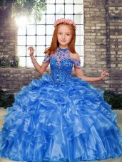 Graceful High-neck Sleeveless Lace Up Little Girl Pageant Gowns Blue Organza