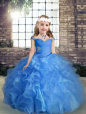 Adorable Floor Length Lace Up Pageant Gowns For Girls Blue for Party and Wedding Party with Beading and Ruching