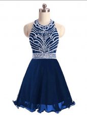 Flirting Navy Blue A-line Chiffon Halter Top Sleeveless Beading Mini Length Lace Up Prom Gown