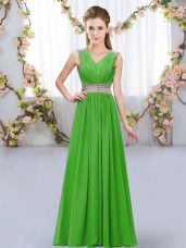 Flare Green Empire V-neck Sleeveless Chiffon Floor Length Lace Up Beading and Belt Wedding Guest Dresses