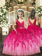 Hot Pink Ball Gowns Tulle V-neck Sleeveless Beading and Ruffles Floor Length Backless Little Girl Pageant Dress