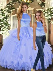 Lavender Tulle Backless Halter Top Sleeveless Floor Length Ball Gown Prom Dress Beading and Appliques