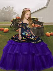 Purple Organza and Tulle Lace Up Straps Sleeveless Floor Length Little Girls Pageant Dress Embroidery and Ruffles