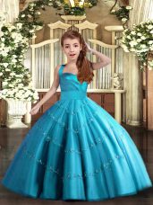 Glorious Ball Gowns Little Girls Pageant Gowns Baby Blue Straps Tulle Sleeveless Floor Length Lace Up