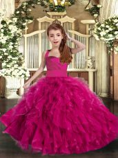Classical Fuchsia Ball Gowns Straps Sleeveless Tulle Floor Length Lace Up Ruffles Pageant Dress for Teens