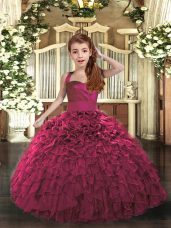 Straps Sleeveless Pageant Dress for Girls Floor Length Ruffles Fuchsia Organza