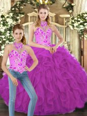 Sleeveless Floor Length Embroidery and Ruffles Lace Up Sweet 16 Dress with Fuchsia