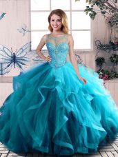 Admirable Tulle Scoop Sleeveless Lace Up Beading and Ruffles Quinceanera Dresses in Aqua Blue