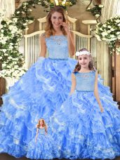 Chic Light Blue Zipper Scoop Lace and Ruffled Layers Ball Gown Prom Dress Organza Sleeveless