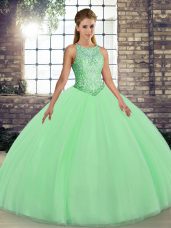 Most Popular Green Ball Gowns Tulle Scoop Sleeveless Embroidery Floor Length Lace Up 15 Quinceanera Dress
