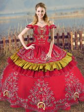 Edgy Red Sleeveless Floor Length Embroidery Lace Up 15 Quinceanera Dress