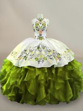 Free and Easy Floor Length Side Zipper Quinceanera Dresses Olive Green for Sweet 16 and Quinceanera with Embroidery and Ruffles