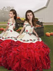 Trendy Red Ball Gowns Straps Sleeveless Organza Floor Length Lace Up Embroidery and Ruffles Kids Formal Wear