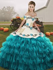 Discount Teal Off The Shoulder Lace Up Embroidery and Ruffled Layers Ball Gown Prom Dress Sleeveless