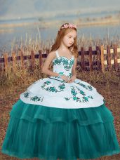 Wonderful Teal Lace Up Straps Embroidery Pageant Dress for Teens Tulle Sleeveless
