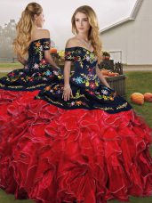 Custom Fit Red And Black Organza Lace Up Off The Shoulder Sleeveless Floor Length Vestidos de Quinceanera Embroidery and Ruffles