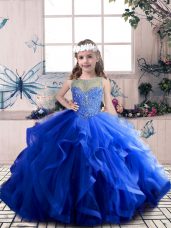 Royal Blue Tulle Lace Up Scoop Sleeveless Floor Length Girls Pageant Dresses Beading and Ruffles