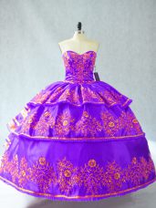 Purple Ball Gowns Sweetheart Sleeveless Organza Floor Length Lace Up Embroidery and Ruffled Layers Vestidos de Quinceanera