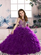 Eggplant Purple Lace Up Little Girls Pageant Dress Wholesale Beading and Ruffles Sleeveless Floor Length