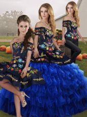 Blue And Black Sleeveless Embroidery and Ruffled Layers Floor Length Quinceanera Dresses