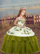 Classical Sleeveless Floor Length Embroidery Lace Up Kids Formal Wear with Olive Green