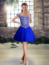 Tulle Off The Shoulder Sleeveless Lace Up Beading Pageant Dress for Girls in Royal Blue
