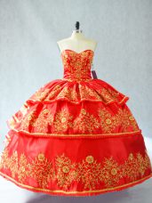 Red Sleeveless Floor Length Embroidery and Ruffled Layers Lace Up Vestidos de Quinceanera