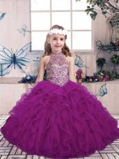Purple Sleeveless Beading and Ruffles Floor Length Little Girl Pageant Dress