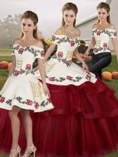Wine Red Three Pieces Off The Shoulder Sleeveless Tulle Brush Train Lace Up Embroidery and Ruffled Layers Sweet 16 Dresses