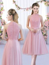 Clearance High-neck Sleeveless Dama Dress for Quinceanera Tea Length Lace Pink Tulle