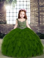 Classical Olive Green Straps Neckline Beading and Ruffles Little Girl Pageant Dress Sleeveless Lace Up