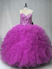 Fitting Scoop Sleeveless Sweet 16 Quinceanera Dress Floor Length Beading and Ruffles Fuchsia Tulle