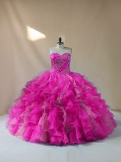 Glamorous Floor Length Lace Up 15th Birthday Dress Fuchsia for Sweet 16 and Quinceanera with Beading and Ruffles