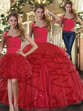 Sleeveless Floor Length Ruffles Lace Up Quinceanera Gown with Red