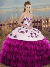 Eye-catching Floor Length Fuchsia Quince Ball Gowns Organza Sleeveless Embroidery and Ruffled Layers and Bowknot